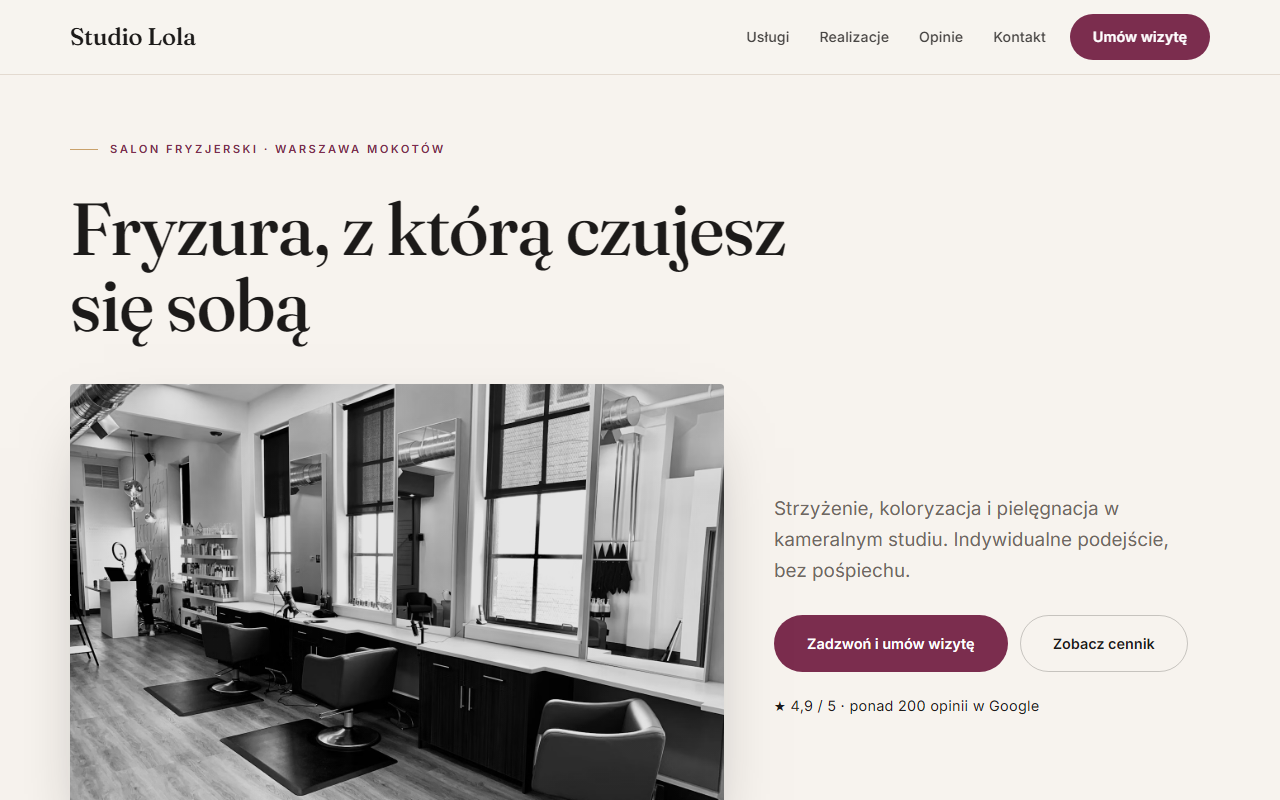 Przykład strony salonu fryzjerskiego Studio Lola: zdjęcie, cennik, przycisk Zadzwoń