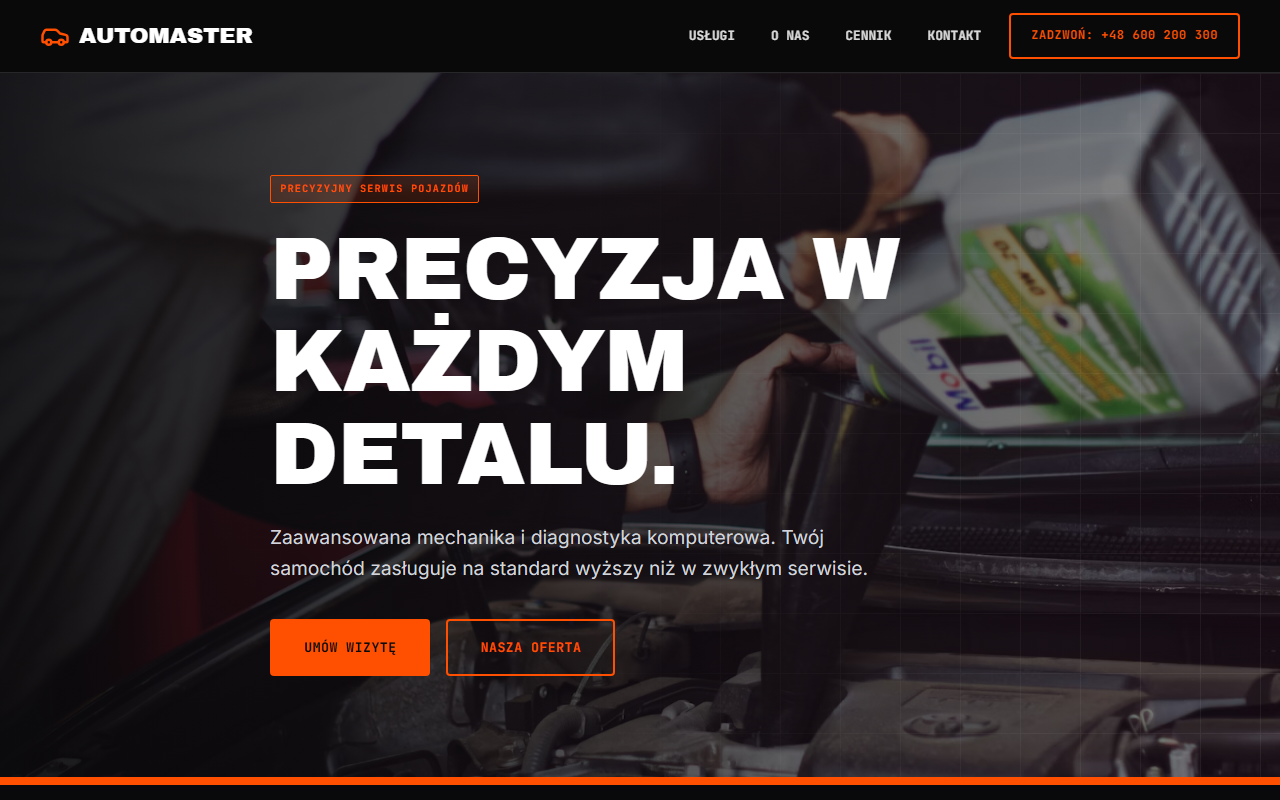 Przykład strony warsztatu samochodowego AutoMaster: usługi, ceny, przycisk Zadzwoń